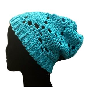 Teal Blue Diamond Lace Handmade Crochet Knit Beanie Winter Hat